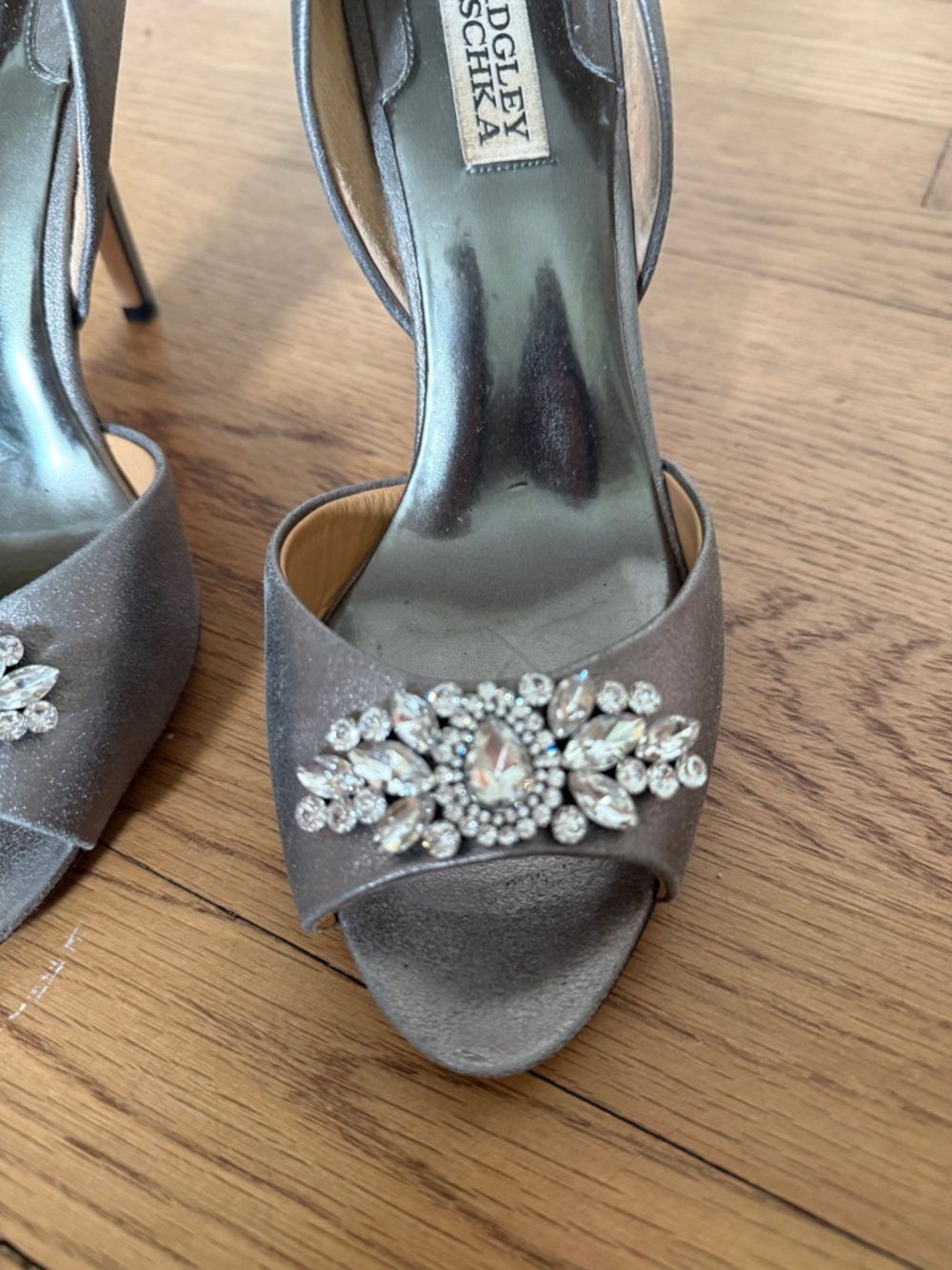Badgley Mischka Silver Satin Peep-Toe Crystal Heels - Picture 2 of 8
